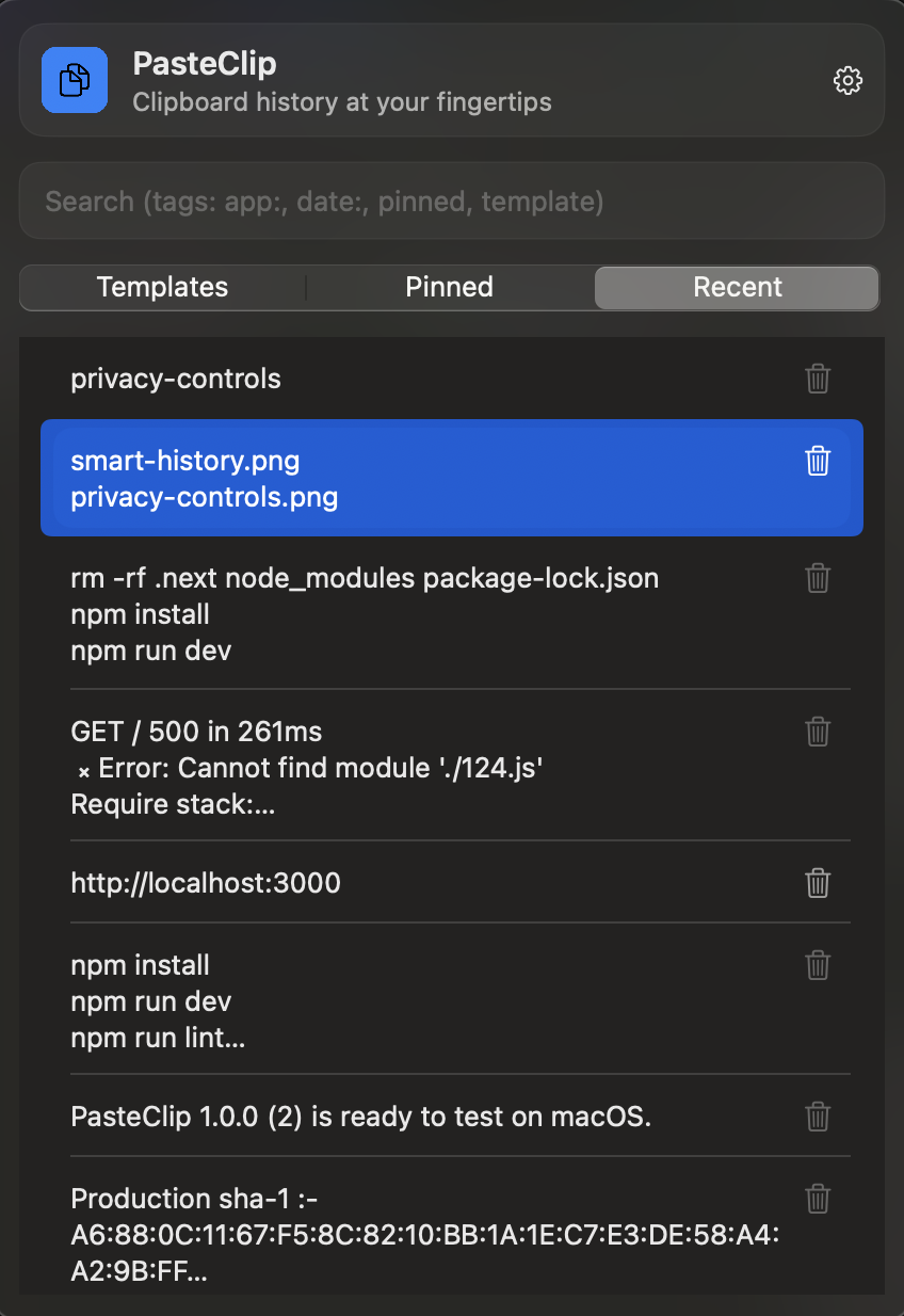 PasteClip menu bar window showing Recent, Pinned, and Templates sections