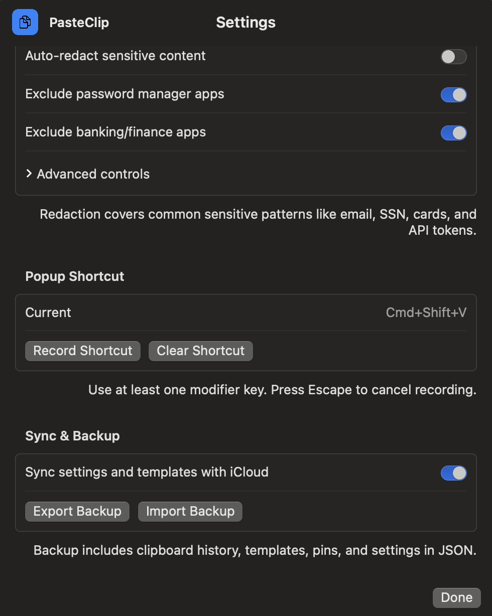 PasteClip settings showing iCloud sync and JSON export/import options